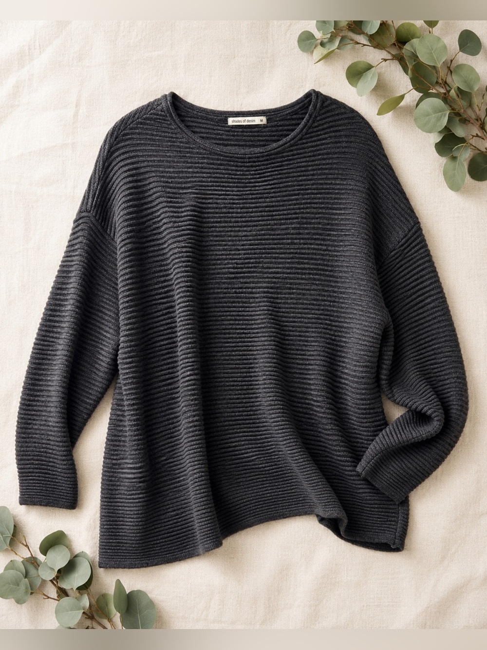 Shades of Denim Oversized Gray Ribbed Sweater Slouchy Cozy Pullover M
